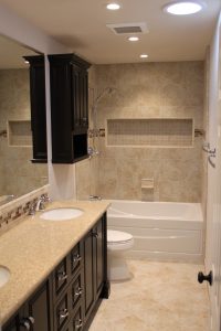 Bathroom Remodel Irvine Tile Surround tub/shower, tile floor, stained cabinets