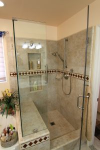Tile shower with glass enclosure